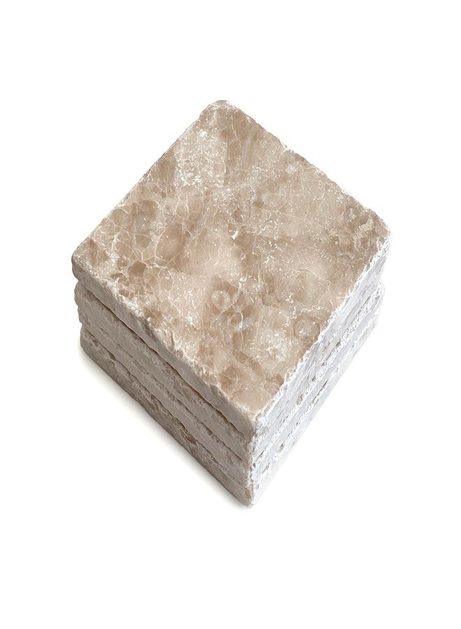 Marble Object Marble 4" x 4" Beige Coffee Cappuccino Coasters Natural Stone Tumbled Coasters Set of 4 Pieces - Image 1